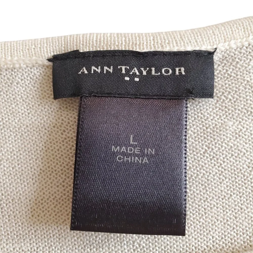 ANN TAYLOR SZ L Women's Wool Blend Lightweight Asymmetrical Black Ivory Sweater